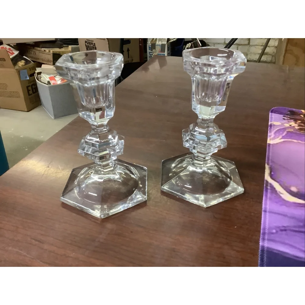 Golden Crown 24% Lead Crystal Set of 2 Candle Holders E & R Western Germany